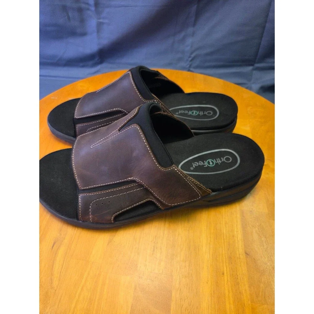 OrthoFeet Men's Leather Slide Sandals, Size 13 Extra Wide